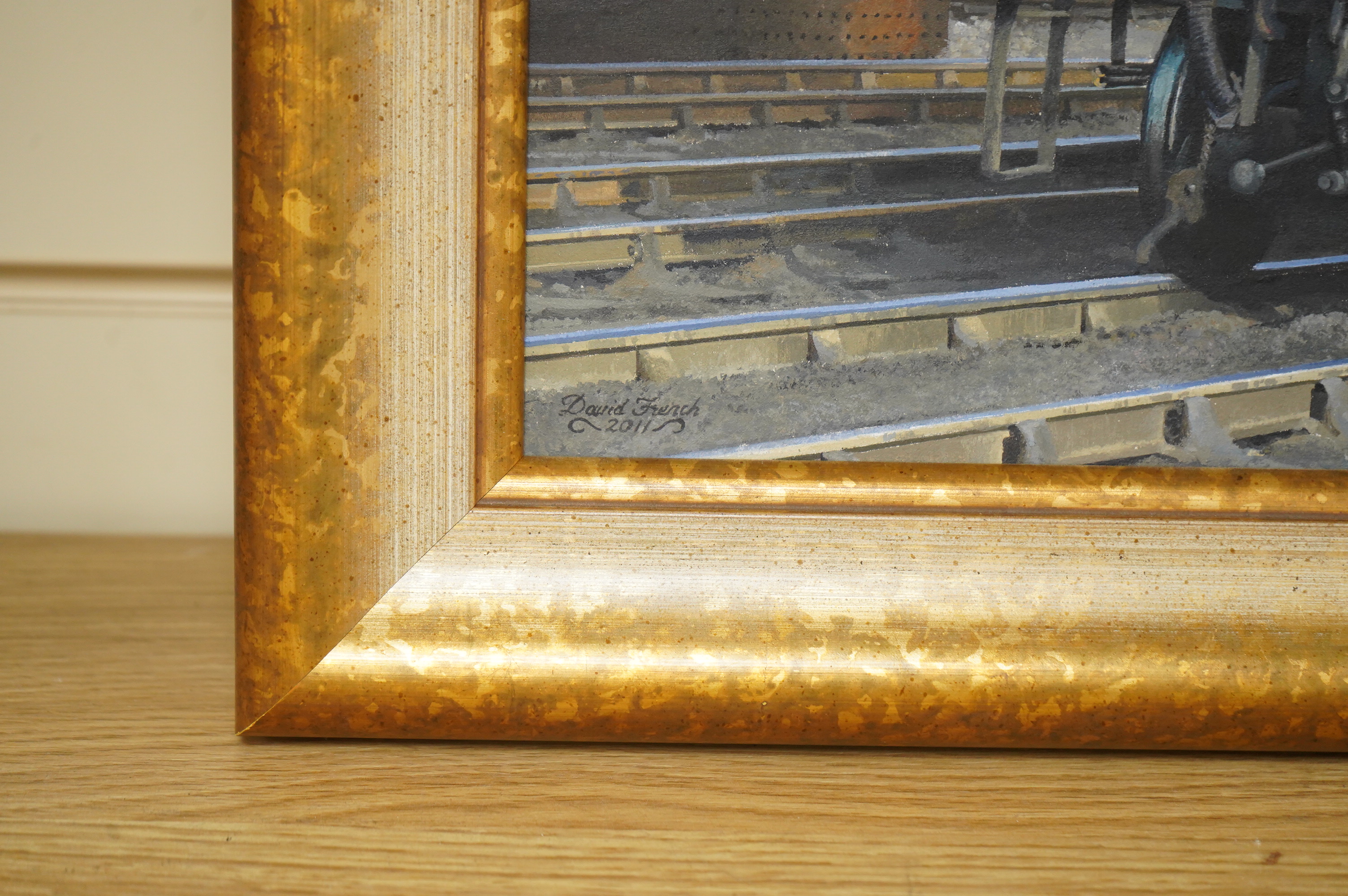 David French, oil on board, a portrait of the BR railway locomotive Merchant Navy Class No.35022, Holland America Line at Bournemouth West with a rake of Pullman cars, signed and dated 2011